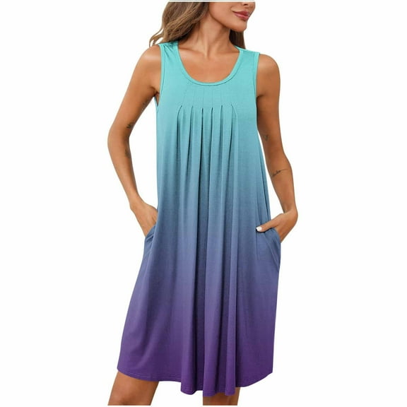 dazeni Women's Nightgown 2025 Trendy Tie Dye Sleeveless Sleepwear Comfy Sleepshirts Pleated Scoopneck Nightshirt with Pockets S-2XL