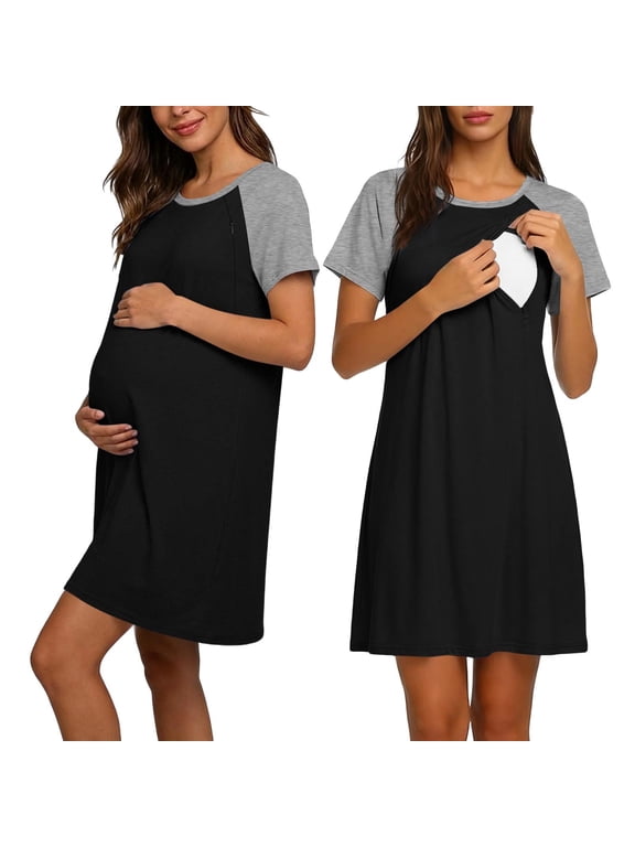 Women's Nursing Nightgown Maternity Short Sleeve Crewneck Dress Breastfeeding Casual Knee Length Pregnancy Dresses Black M