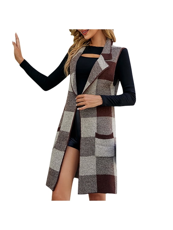 Women's Open Front Plaid Sweater Ves Buffalo Plaid Long Vest Notched Lapel Sleeveless Cardigan Jacket Coat Jacquard Vest Jacket with Pockets