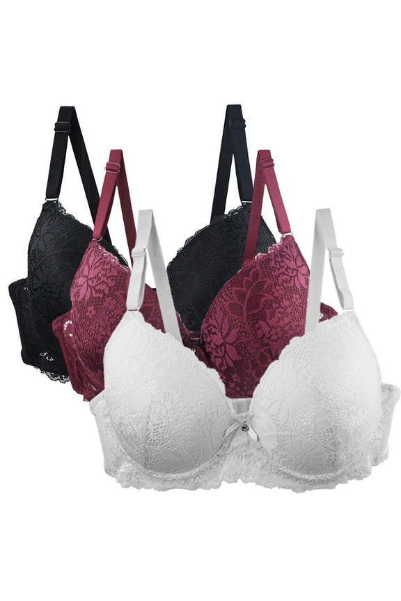 Women's Pack of 3 Plus Size Lace Triangle Bras Padded Wireless Comfort Everyday Bras No Underwire Supportive Padded Bras with Adjuatable Strap