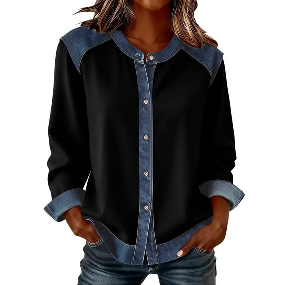 dazeni Women's Patchwork Button Down Shirts Vintage Cowboy Style Long Sleeve Blouse Loose Casual Stand Collar Work Tops Black XX-Large