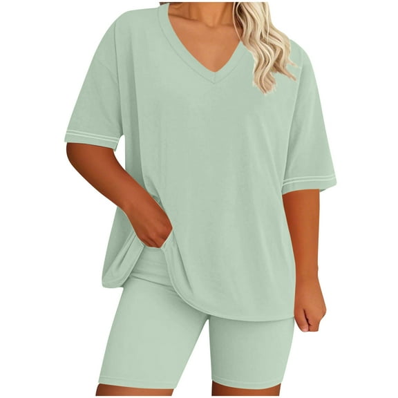 dazeni Women's Plus Size Pajamas Sets 2 Piece Lounge Set Summer Outfits Oversized Crewneck Tshirts Biker and Shorts Matching Clothing