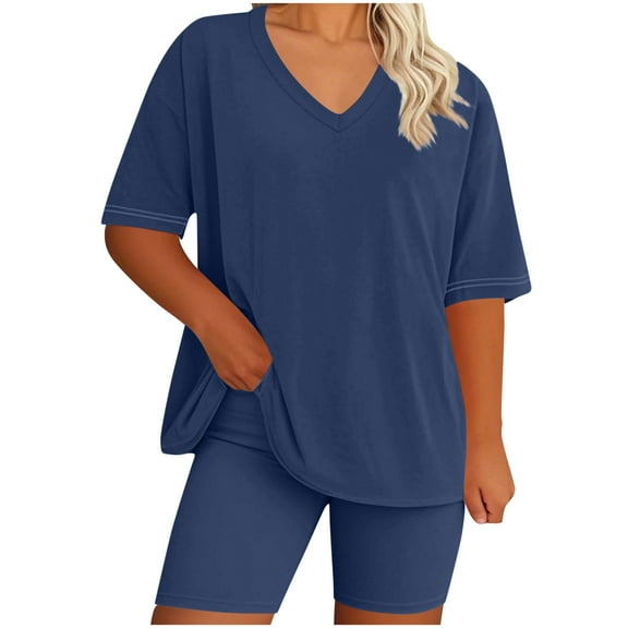 dazeni Women's Plus Size Pajamas Sets 2 Piece Lounge Set Summer Outfits Oversized Crewneck Tshirts Biker and Shorts Matching Clothing