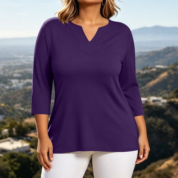 dazeni Women's Plus Size Tops L-5XL Casual Dressy Blouse 3/4 Length Sleeve T Shirts for Work Business Office Loose Fit Fall Tee Purple 3X-Large