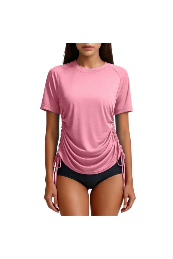 Women's Rash Guard Shirts Ruched Drawstring Short Sleeve Swim Tops Lightweight UPF 50+ Surf Top Bathing Suit Pink XL