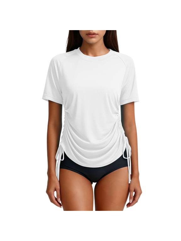 Women's Rash Guard Shirts Ruched Drawstring Short Sleeve Swim Tops Lightweight UPF 50+ Surf Top Bathing Suit White M