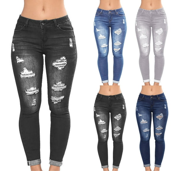 dazeni Women's Ripped Jeans Stretch Skinny Jean Straight Leg Jeggings Jeans with Holes Butt Lifting Causal Legging Workout Pants