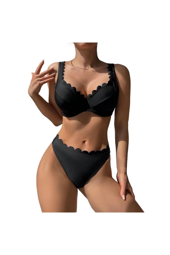 Women's Seashell Bikini Sets 2 Piece Swimsuits Ruffle Trim Push up Bra Bathing Suits Summer Beach Trendy Swimwear Black Medium