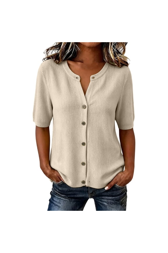 Women's Short Sleeve Sweater Lightweight Knit Button Down Cardigan Jackets Summer Casual Open Front Cardigans Clothes Beige