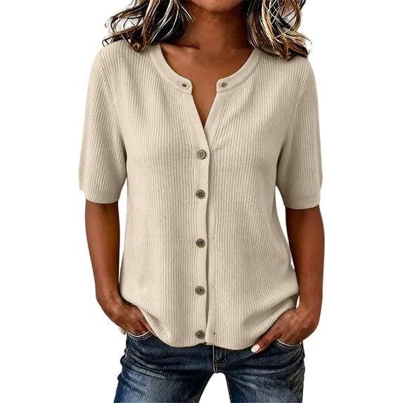 dazeni Women's Short Sleeve Sweater Lightweight Knit Button Down Cardigan Jackets Summer Casual Open Front Cardigans Clothes Beige