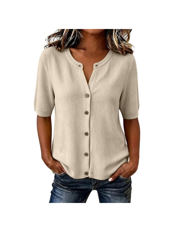 Women's Short Sleeve Sweater Lightweight Knit Button Down Cardigan Jackets Summer Casual Open Front Cardigans Clothes Beige