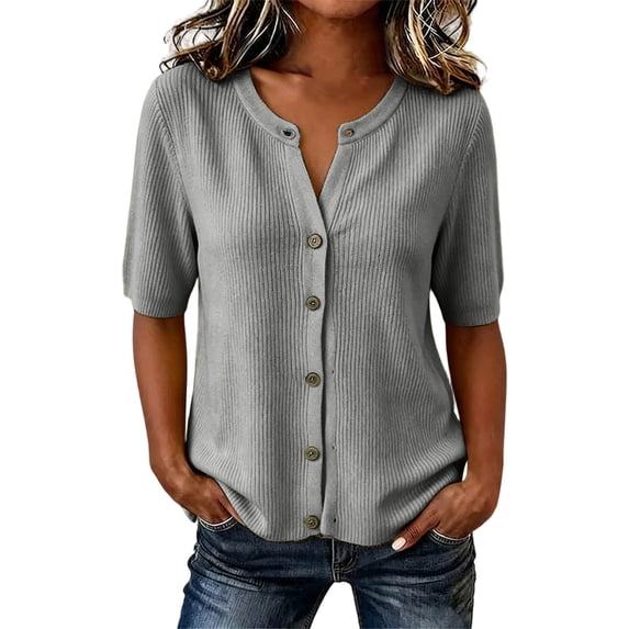 dazeni Women's Short Sleeve Sweater Lightweight Knit Button Down Cardigan Jackets Summer Casual Open Front Cardigans Clothes Gray