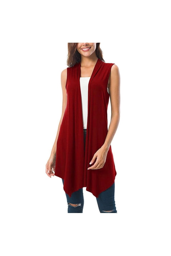 Women's Sleeveless Cardigan Lightweight Draped Duster Open Front Vest Solid Casual Layering Cardigans Red Small