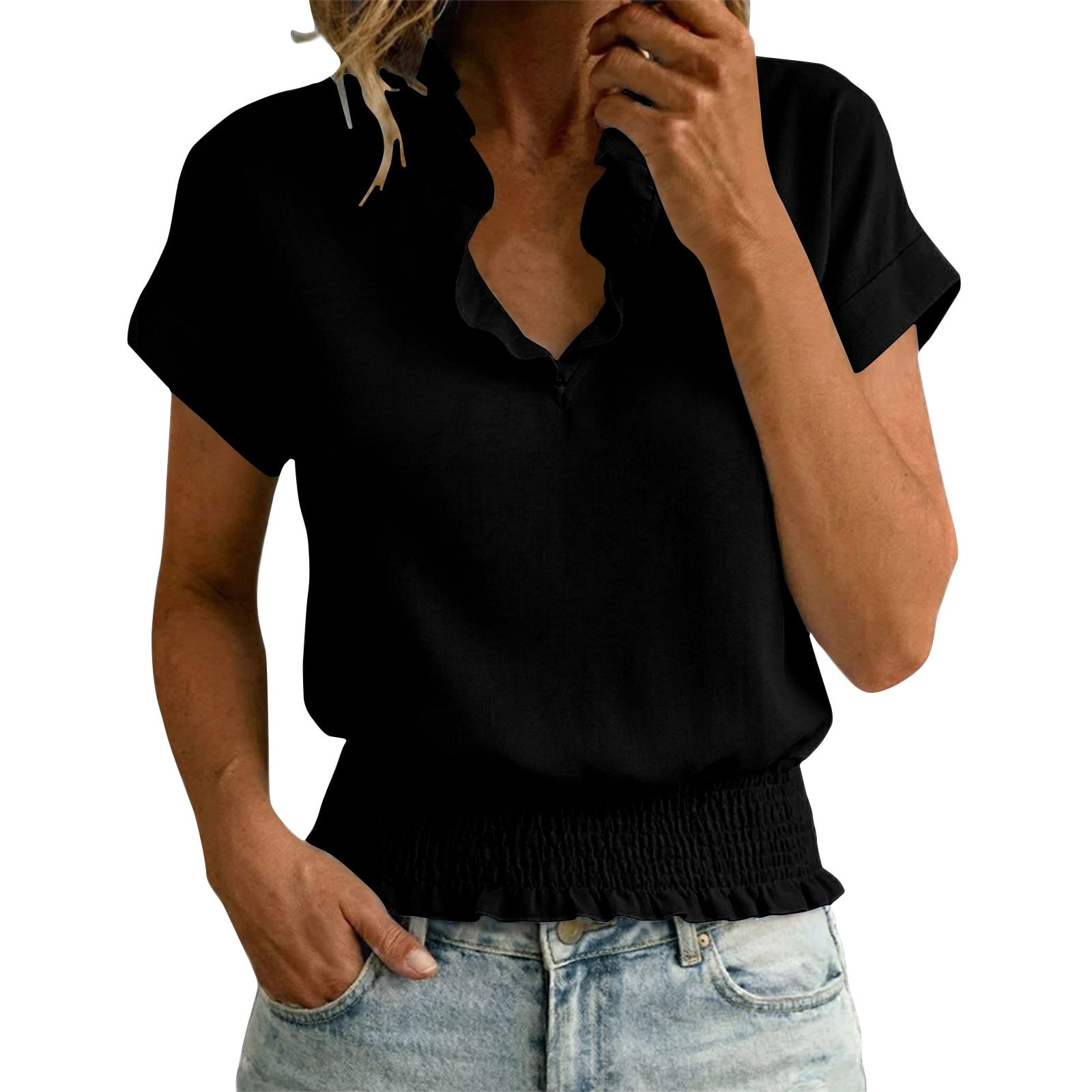 dazeni Women's Smocked Waisted Blouse Ruffle V Neck Tops Casual Short ...