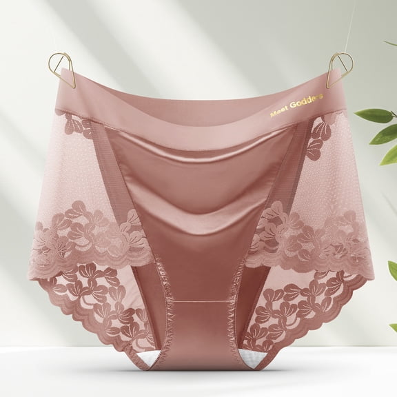 dazeni Women's Soft Satin Underwear Seamless High Waisted Ladies Panties Lace Trim Full Coverage Briefs Medium Pink