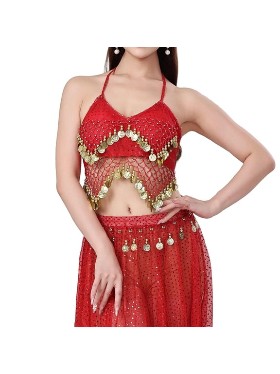 Women's Sparkly Sequin Tassel Cami Tops Dance Crop Tops with Bulit in Padded Y2k Going out Tops Night Club Party Glitter Halter Tube Top Red