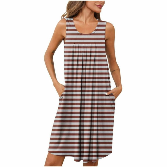 dazeni Women's Striped Nightgowns Long Sleeveless Night Gown with Pockets Soft Ladies Scoop[ Neck Nightdress Loose Casual Dress