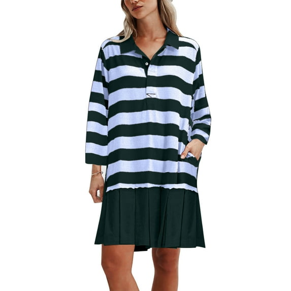 dazeni Women's Striped Tunic Dress 2024 Trendy Long Sleeve Oversized Sweathisrts Dress V Neck Button Down Ruffle Tiered Mini Dress with Pockets