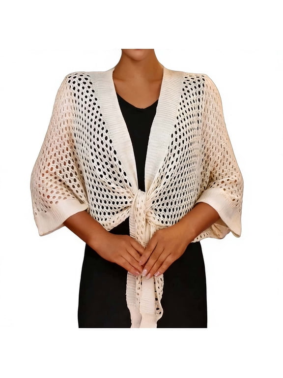 Women's Summer Cardigans for Women Crochet Knit 3/4 Sleeve Open Front Tie Kimonos Boho Tops Hollow out Beach Vacation Coverups Beige