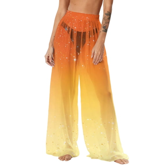 dazeni Women's Sun Protection Cover Up Beach Pants Tie Dye Sheer Mesh Wide Leg Palazzo Pants High Waist Bikini Botton Y2k Swimsuit Coverups Orange Medium