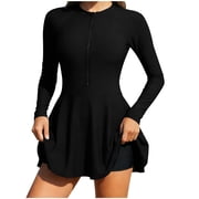 dazeni Womens Swimsuit UPF 50+ Rash Guard Bathing Suit UV Sun Protection Swim Dress and Shorts Built in Bra Long Sleeve Half Zipper Black M