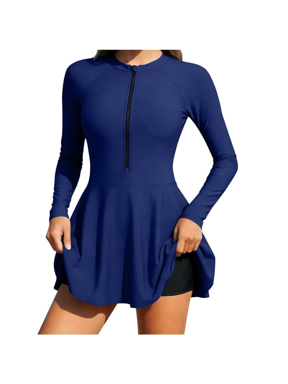 Women's Swimsuit UPF 50+ Rash Guard Bathing Suit UV Sun Protection Swim Dress and Shorts Built in Bra Long Sleeve Half Zipper Blue S