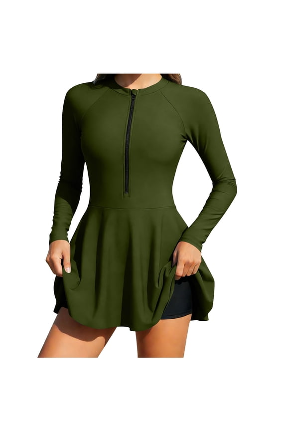 Women's Swimsuit UPF 50+ Rash Guard Bathing Suit UV Sun Protection Swim Dress and Shorts Built in Bra Long Sleeve Half Zipper Green XXL