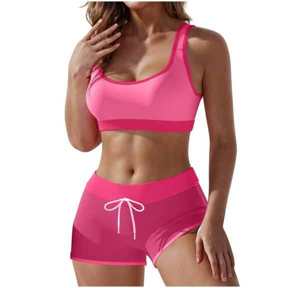 dazeni Women's Tankini Swimsuit Color Block Sporty Crop Tank Tops Bathing Suits High Waisted Drawstring Swim Bottom Two Piece Tummy Control Swimwear Pink Medium