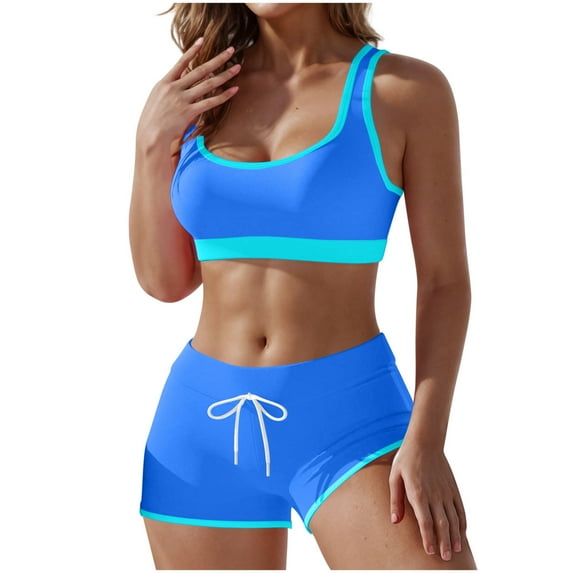 dazeni Women's Tankini Swimsuit Color Block Sporty Crop Tank Tops Bathing Suits High Waisted Drawstring Swim Bottom Two Piece Tummy Control Swimwear Blue X-Large