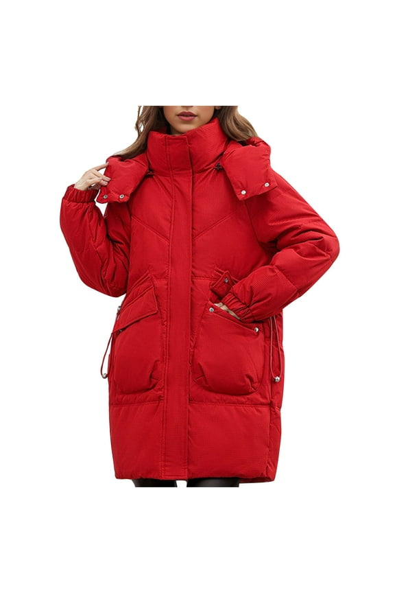 Women's Thickened Winter Down Coat Hooded and Smock Neck Puffer Long Jacket with Pockets Mid Length Fleece Outwear Coat