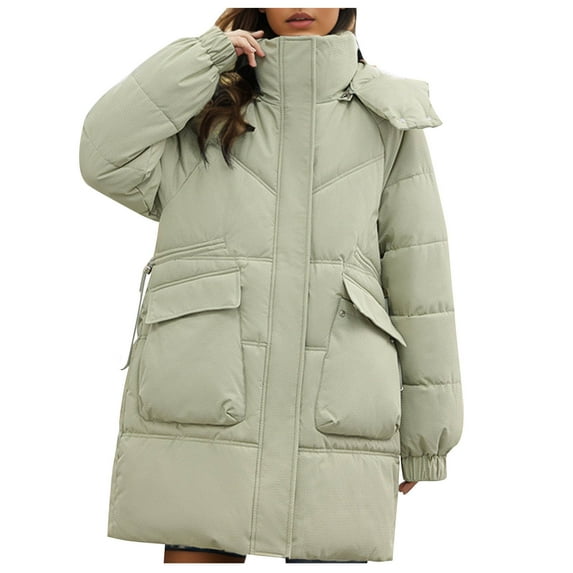dazeni Women's Thickened Winter Down Coat Hooded and Smock Neck Puffer Long Jacket with Pockets Mid Length Fleece Outwear Coat