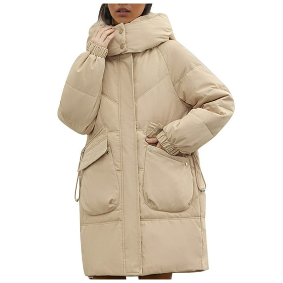 dazeni Women's Thickened Winter Down Coat Hooded and Smock Neck Puffer Long Jacket with Pockets Mid Length Fleece Outwear Coat