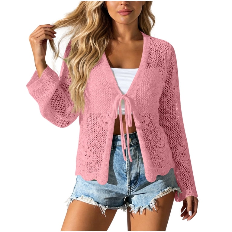dazeni Women's Tie Front Cardigan Lightweight Hollow out Long