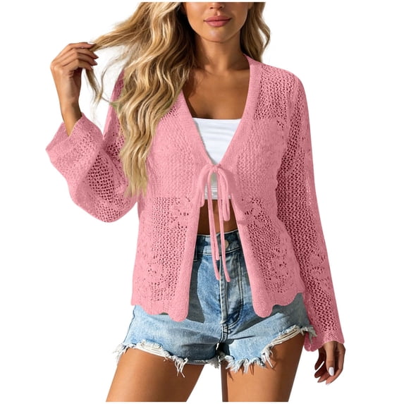 dazeni Women's Tie Front Cardigan Lightweight Hollow out Long Sleeve Beach Cover up Tops Summer Lightweight Crochet Bolero Shrug for Sleeveless Dress Pink