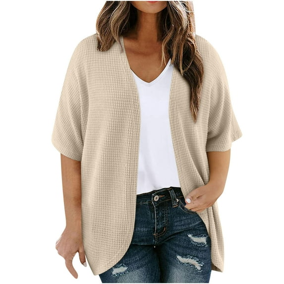 dazeni Women's Waffle Short Sleeve Kimono Cardigan Loose Cover Up Casual Blouse Tops Solid Color Lightweight Plus Size Open Front Cardigan XL-5XL