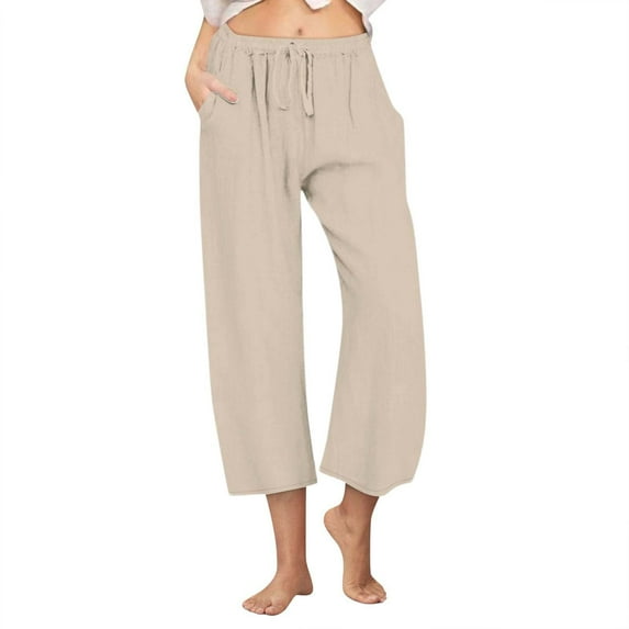 dazeni Women's Wide Lge Pants Loose Cotton Linen Capris Pants with Pokctes Comfy Cropped Pants Lightweight Elastic Waisted Pajama Bottoms Lounge Pants