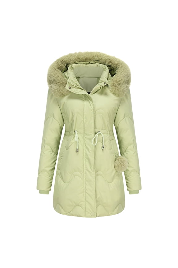 Women's Winter Parka Jackets Quilted Padded Warm Hooded Puffer with Drawstring Mid- Length Coat Faux Fur Trim Removable Hood