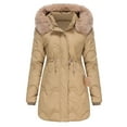 thumbnail image 1 of dazeni Women's Winter Parka Jackets Quilted Padded Warm Hooded Puffer with Drawstring Mid- Length Coat Faux Fur Trim Removable Hood, 1 of 5