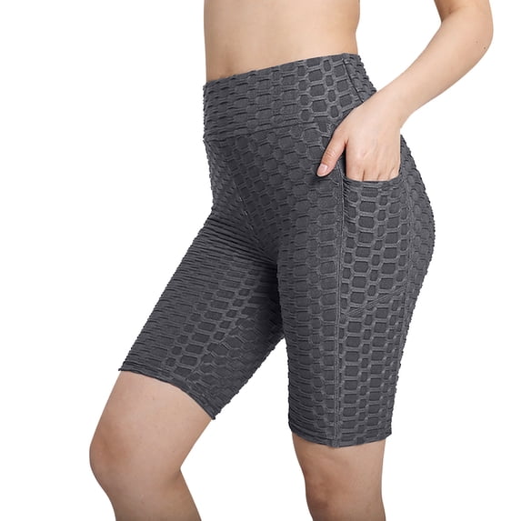dazeni Womens Biker Shorts with Pockets Tummy Control High Waisted Yoga Shorts Stretchy Jacquard Print Spandex Running Gym Workout Short Leggings Dark Gray XL