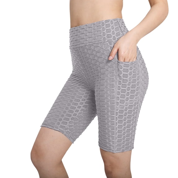 dazeni Womens Biker Shorts with Pockets Tummy Control High Waisted Yoga Shorts Stretchy Jacquard Print Spandex Running Gym Workout Short Leggings Gray M
