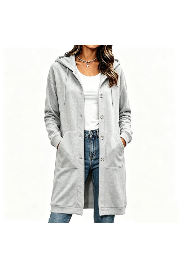 Womens Button Down Hoodies Long Cardigan Jackets Lightweight Long Sleeve Open Front Mid Length Coat Fall Winter Hood Outwear with Pockets