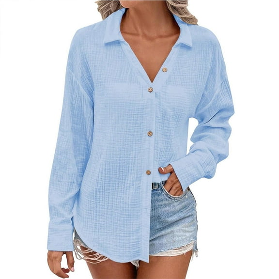 dazeni Womens Button Down Shirts Loose Casual Dressy Tops Lightwieght Lapel Long Sleeve t Shirts Fashion Work Office Blouse S-2XL