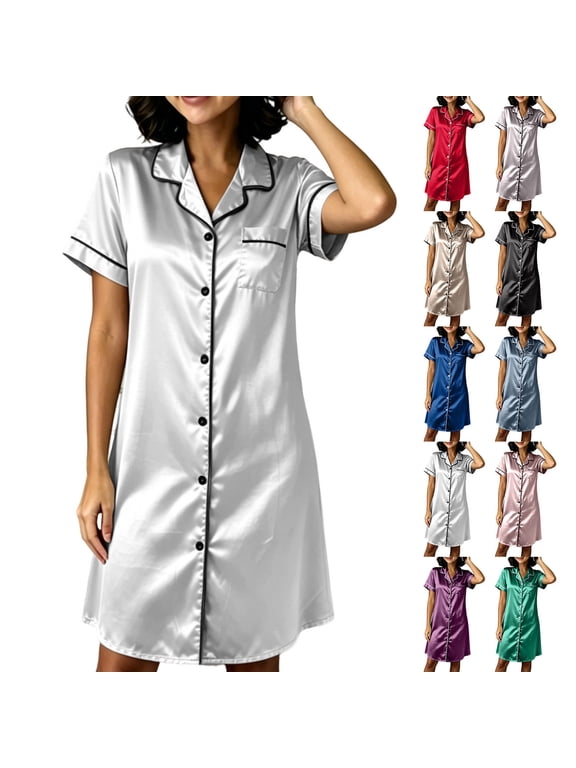 Womens Button Down Sleep Shirt Soft Satin Nightgown Short Sleeve Night Gown Lightweight Loungewear Beige XL