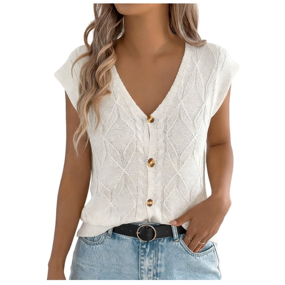 dazeni Womens Cable Short Sleeve Cardigan Sweater Spring Summer V Neck Button Down Shirts Cap Sleeve Knit Sweater Vest Tops Beige Large