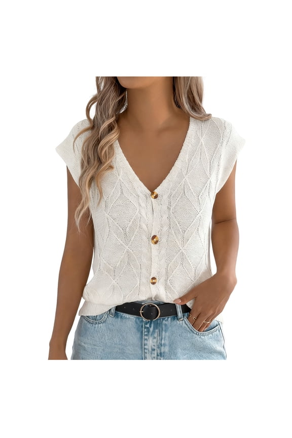 Womens Cable Short Sleeve Sweater Spring Summer V Neck Button Down Shirts Cap Sleeve Knit Sweater Vest Tops Beige X-Large