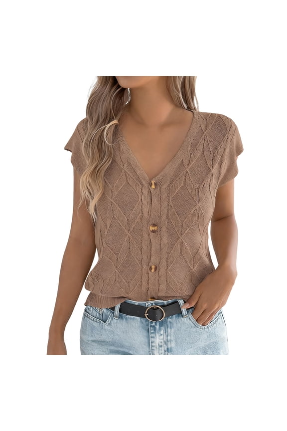 Womens Cable Short Sleeve Cardigan Sweater Spring Summer V Neck Button Down Shirts Cap Sleeve Knit Sweater Vest Tops Coffee Small