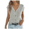 thumbnail image 1 of dazeni Womens Cable Short Sleeve Cardigan Sweater Spring Summer V Neck Button Down Shirts Cap Sleeve Knit Sweater Vest Tops Gray Large, 1 of 8