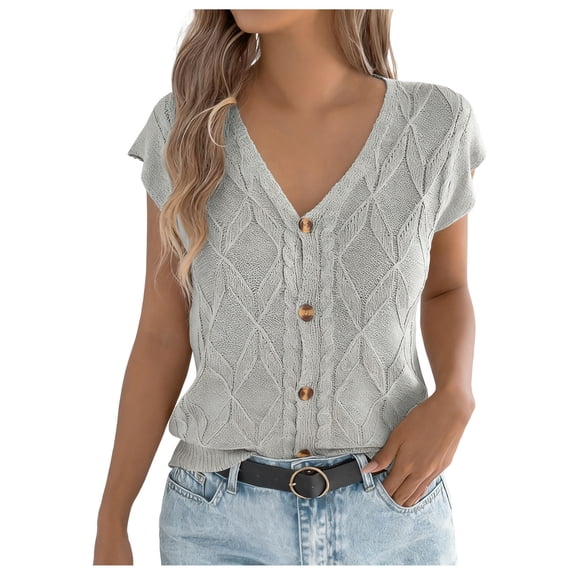 dazeni Womens Cable Short Sleeve Cardigan Sweater Spring Summer V Neck Button Down Shirts Cap Sleeve Knit Sweater Vest Tops Gray Large