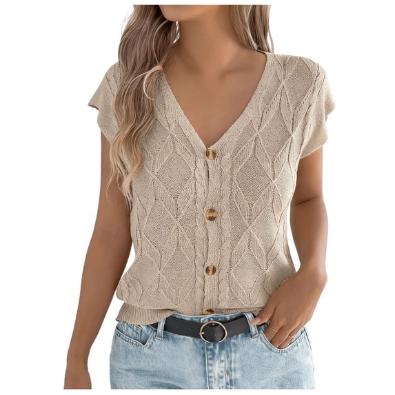dazeni Womens Cable Short Sleeve Cardigan Sweater Spring Summer V Neck Button Down Shirts Cap Sleeve Knit Sweater Vest Tops Khaki Medium