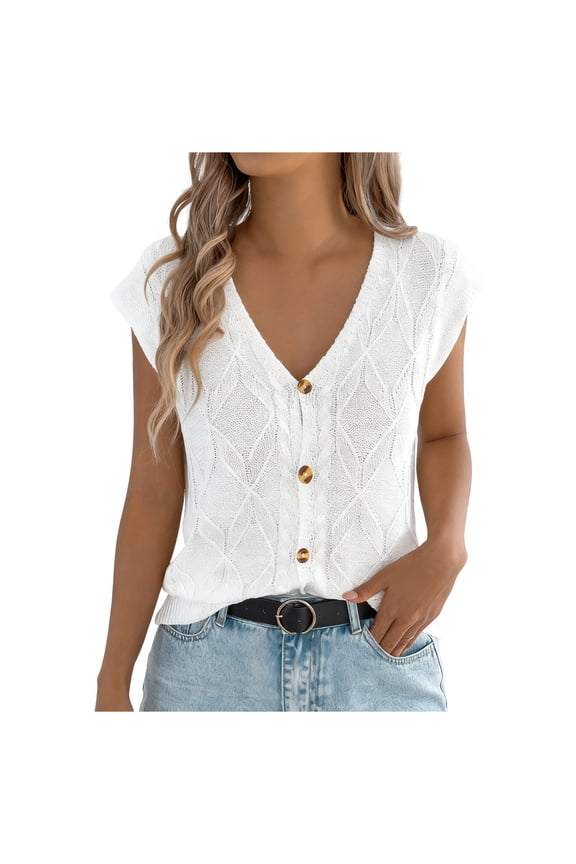 Womens Cable Short Sleeve Sweater Spring Summer V Neck Button Down Shirts Cap Sleeve Knit Sweater Vest Tops White Large